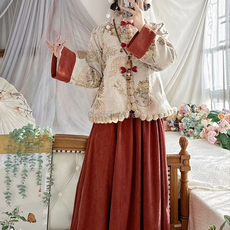 2025 classical literature art trendy design sense chinese clothing set improved vintage qipao set women's daily winter garment