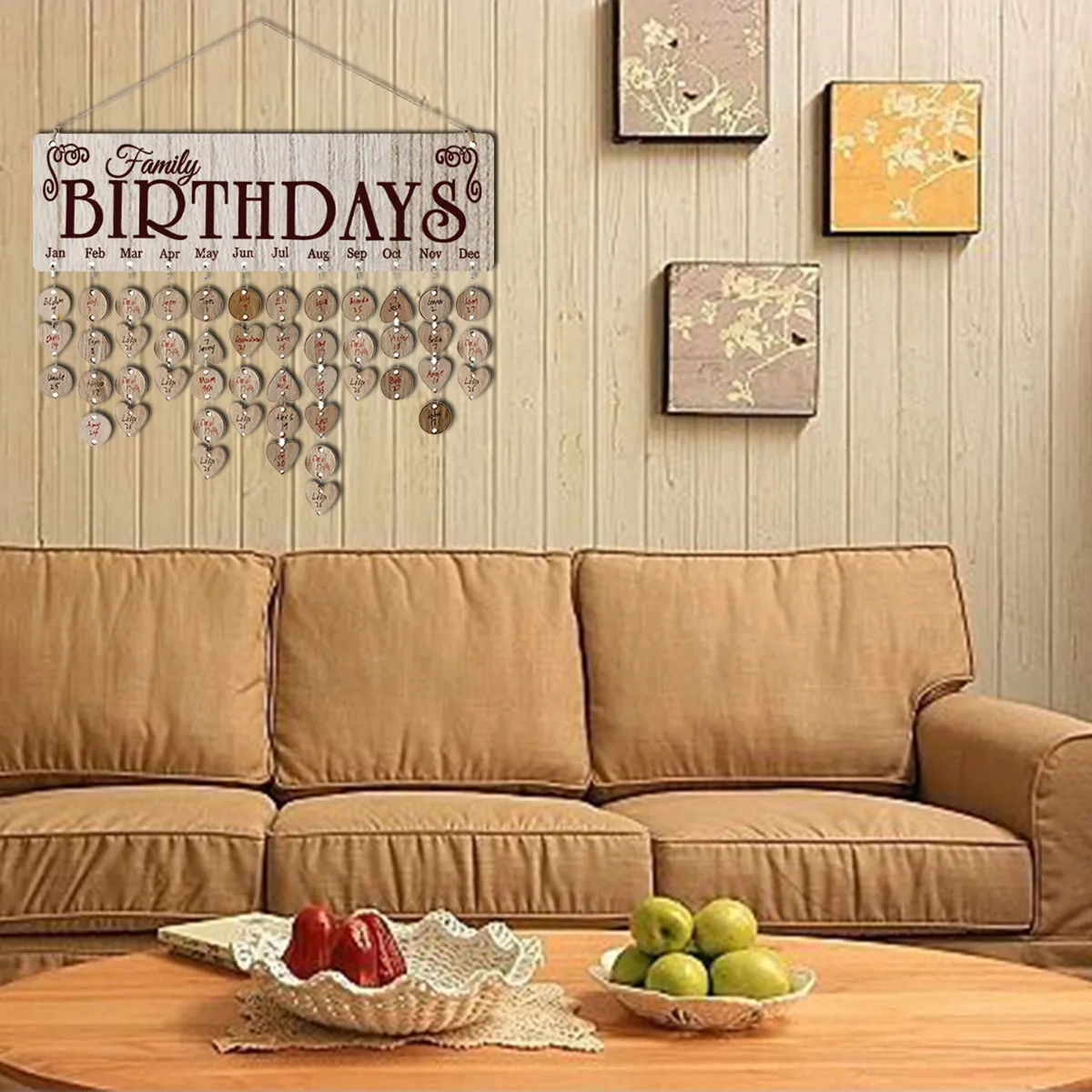 1Set Wooden Birthday Celebration Planner Board Creative Hanging Calendar Reminder Brown Plaque with 50 Round and 50 Heart