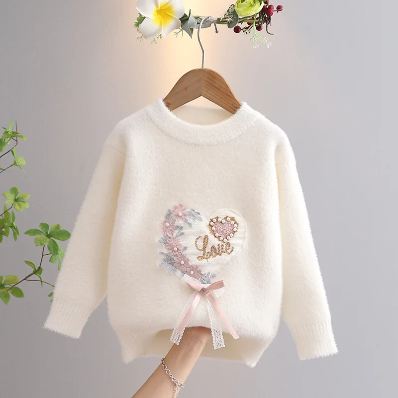 Korean Baby Girls Sweater Autumn Winter New Knitted Pullovers Love Ribbons Children Warm Bottoming Tops for Kids Girl GY08141