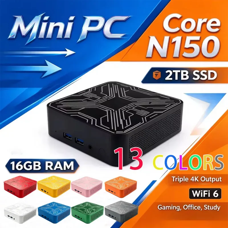 13 Colors Intel Core N150 Portable Pc Computer 32GB RAM 1/2TB SSD WIFI 6 BT5.2 4K 60Hz HD Mini Gaming Office Study Pc