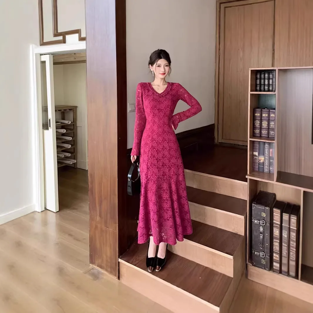 

French Hollow V Neck Long Dress Lace Fishtail Bodycon High Waist Slim Dresses Spring Summer