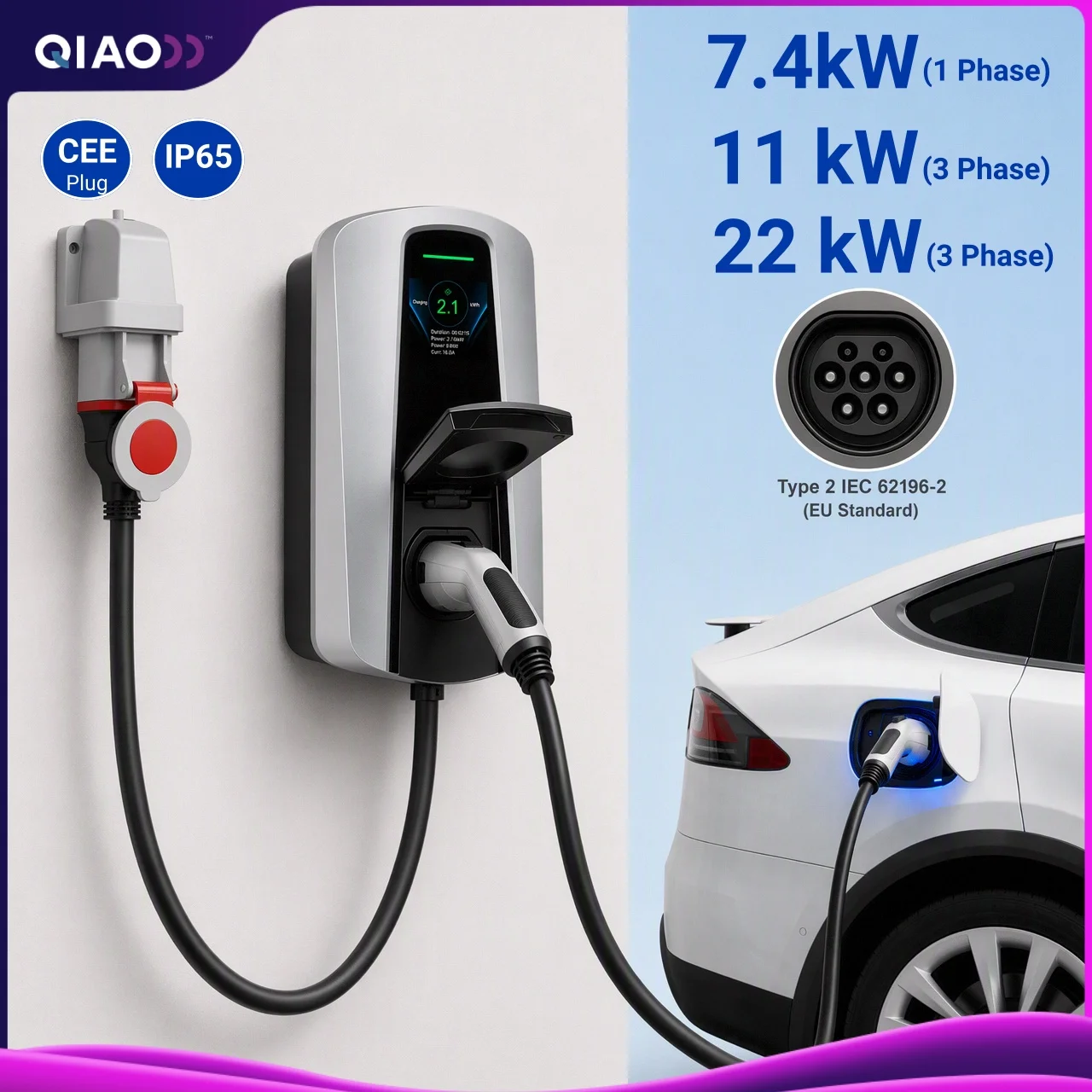 Type 2 EV Charger Socket Version 7.4KW 11KW 22KW 32A 3Phase Wallbox IEC62196-2 CEE Plug EVSE Electric Vehicle Charging Station