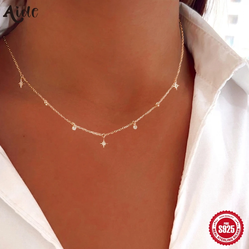 

Aide S925 Sterling Silver Minimalist Star CZ Choker Necklace 18k Gold Plated Dainty Chain for Women Everyday Wear Jewelry