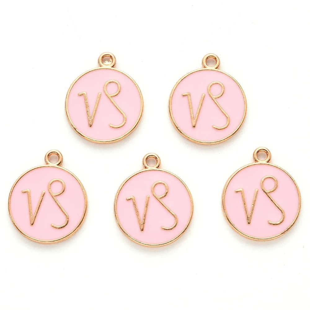

20pcs Alloy Enamel Pendants Cadmium Free & Lead Free Flat Round with Constellation Light Pink Capricorn 22x18x2mm