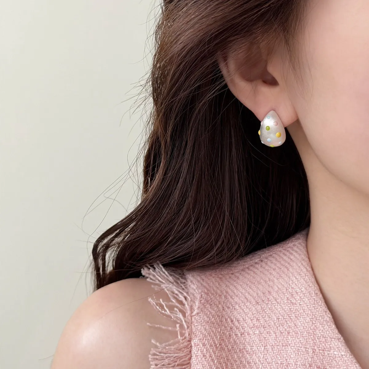 Elegant Colorful Polka Dot Dripping Oil Half Circle Earrings Spring and Summer Temperament Small Fresh Stud Earrings for Women