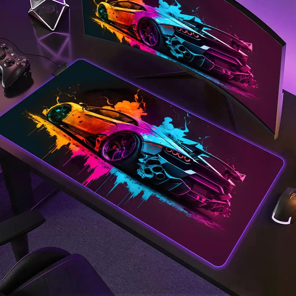 

Vibrant Sports Car RGB Gaming Mouse Pad Desk Mat HD Gamer Accessories Large LED Light Mousepad PC Computer Carpet with Backlit