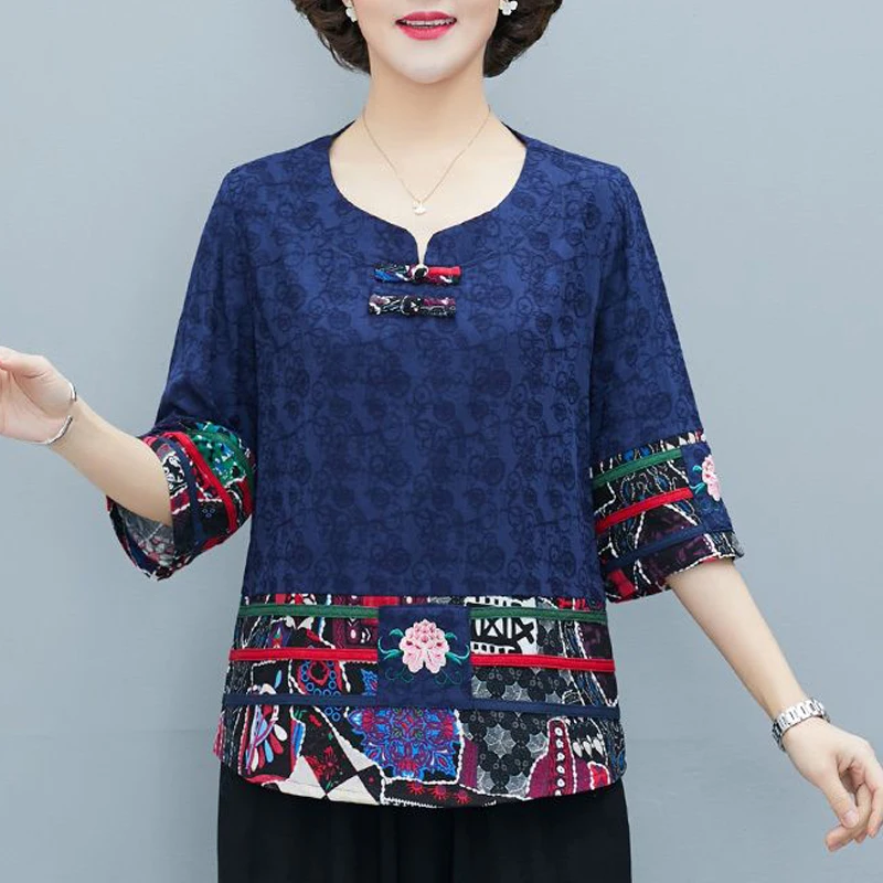 New Women Vintage Chinese Ethnic Style Embroidery Blouses Fashion Elegant Print Cotton Linen Shirts Ladies 3/4 Sleeve Loose Tops