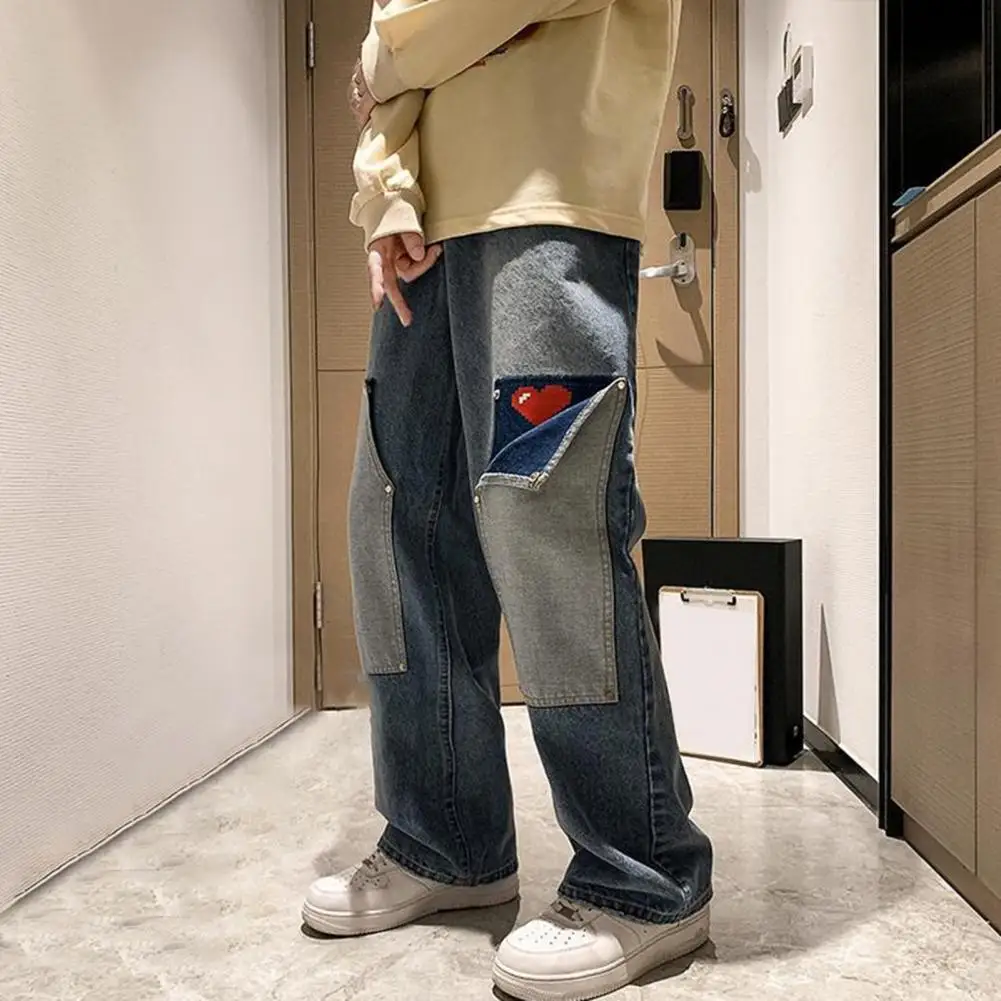 Harajuku Wide Leg Baggy Jeans Pants Men Love Heart Oversize Straight Denim Buttton Cargo Long Trousers Streetwear Student New