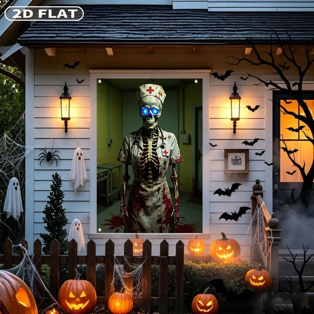2D FLAT 1pc Party Banner, Halloween Window Cover with Skeleton Nurse With Glowing Blue Eyes And Bloodstains,122x88cm, Polyester