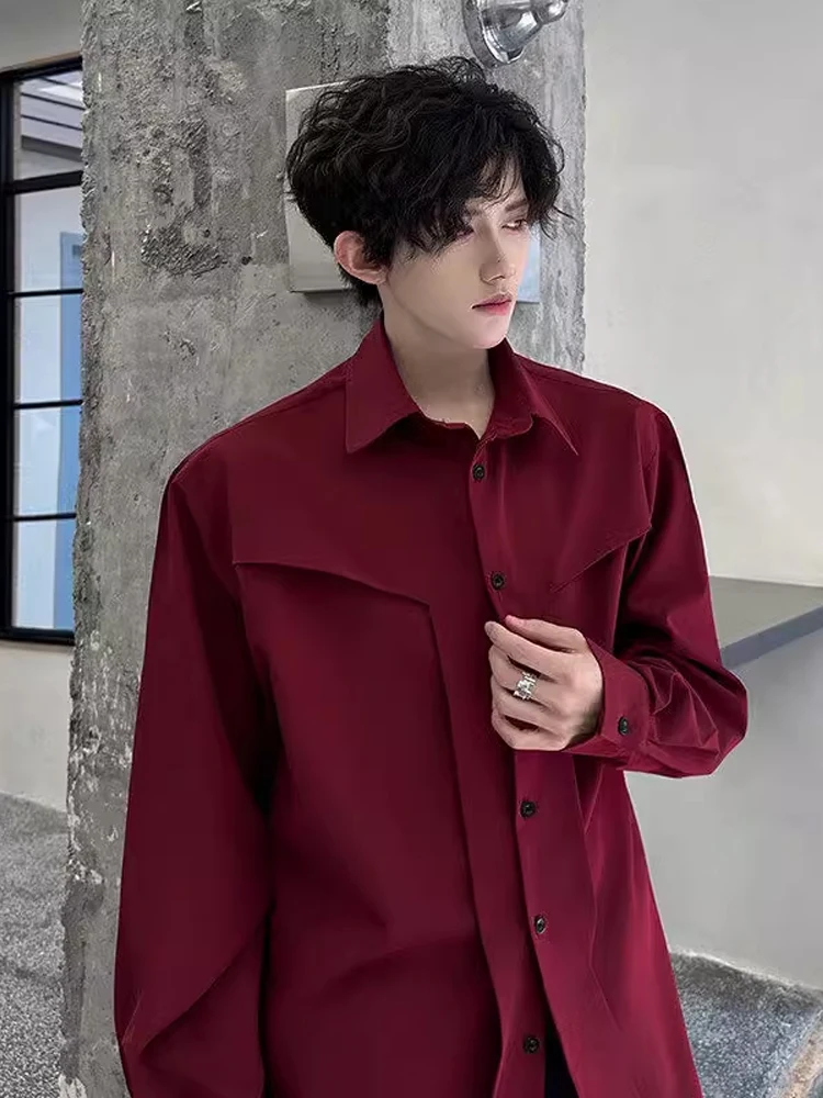 

Deconstructed Long Sve irt Men's Wine Red Spring Faionable High-End Design Sense ex Model Clothing Outerwear