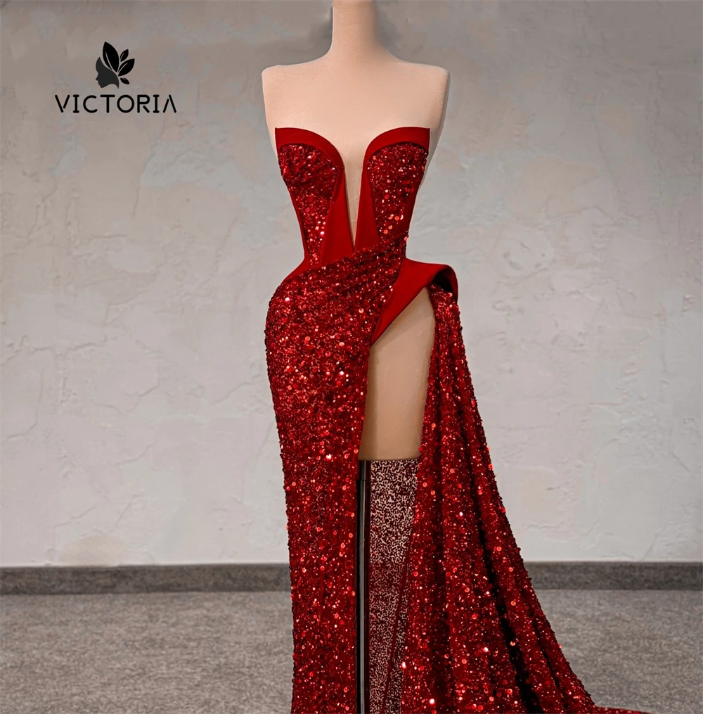 

Enchanting Red Sequin Arabic Evening Dresses Split Mermaid Strapless Dubai Christmas Party Gowns Cocktail Prom Dress Customized