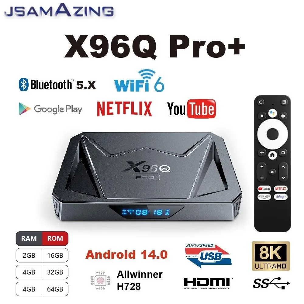 X96Q PRO+ Android 14 Smart TV Box Wifi 6  Allwinner H728 ARM Cortex A55  Ethernet 1000M 16/32/ 64GB 1080P For Google Youtube