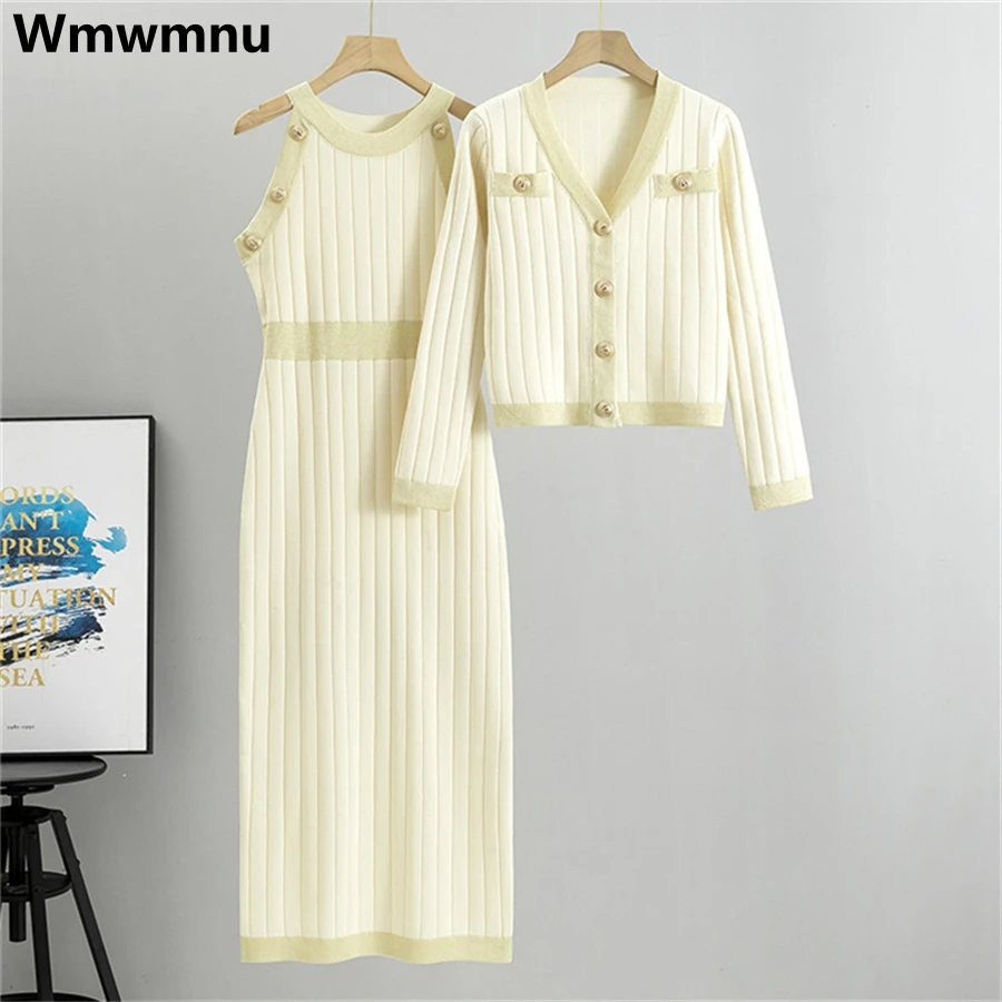 

Vintage Knitted Dress 2 Piece Set Korean Long Sleeve V-neck Short Cardigan Conjuntos Elegant Knitted Midi Tank Vestidos Outfits