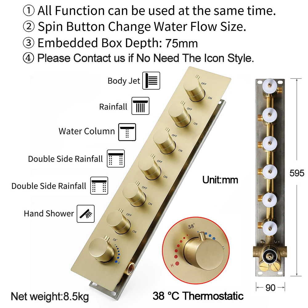 M Boenn Brushed Gold Double Rainfall Shower Head Bathroom Emotional Appeal Couple Shower System Set Concealed Thermostat Faucets