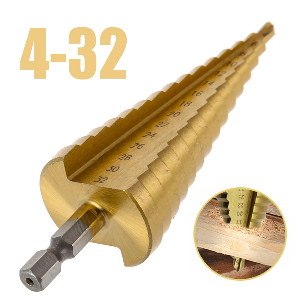 4 -32mm Titanium Coated Metal Hex Core Drill Bits HSS  High Speed Steel Step Drill Bit Set Cone Hole Wood Cutter Taper Metric