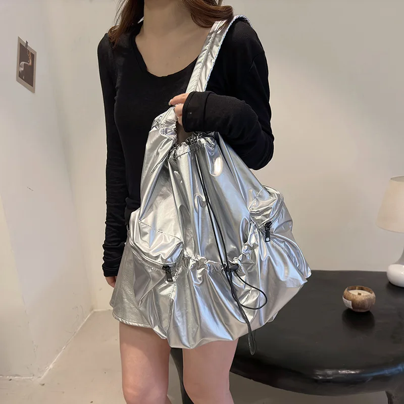 Women's Travel Backpack Korean Style Large Capacity Drawstring Pleated Silver Backpack Fashion Trendy Casual School Bags NEW