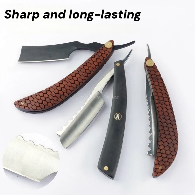 Maquinilla de afeitar profesional con borde recto y hoja de acero inoxidable 440C para hombre, afeitadora de corte de pelo y barba, mango de madera de ébano/palisandro