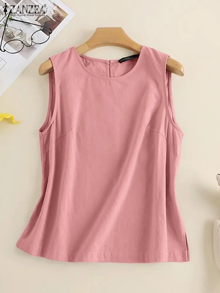 ZANZEA Women\'s Blouse Summer Sleeveless Solid Color Cotton Shirt Femme Fashion Causal Elegant Holiday Beach Tank Tops Blusas