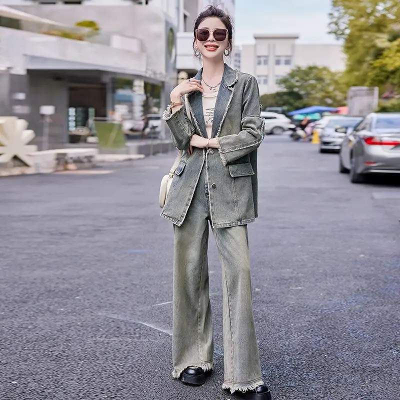 Denim Suits for Women Vintage 2024 Spring Autumn New Lapel Jacket + Wide-leg Trousers Fringe Fashion 2 Piece Set Female Clothes