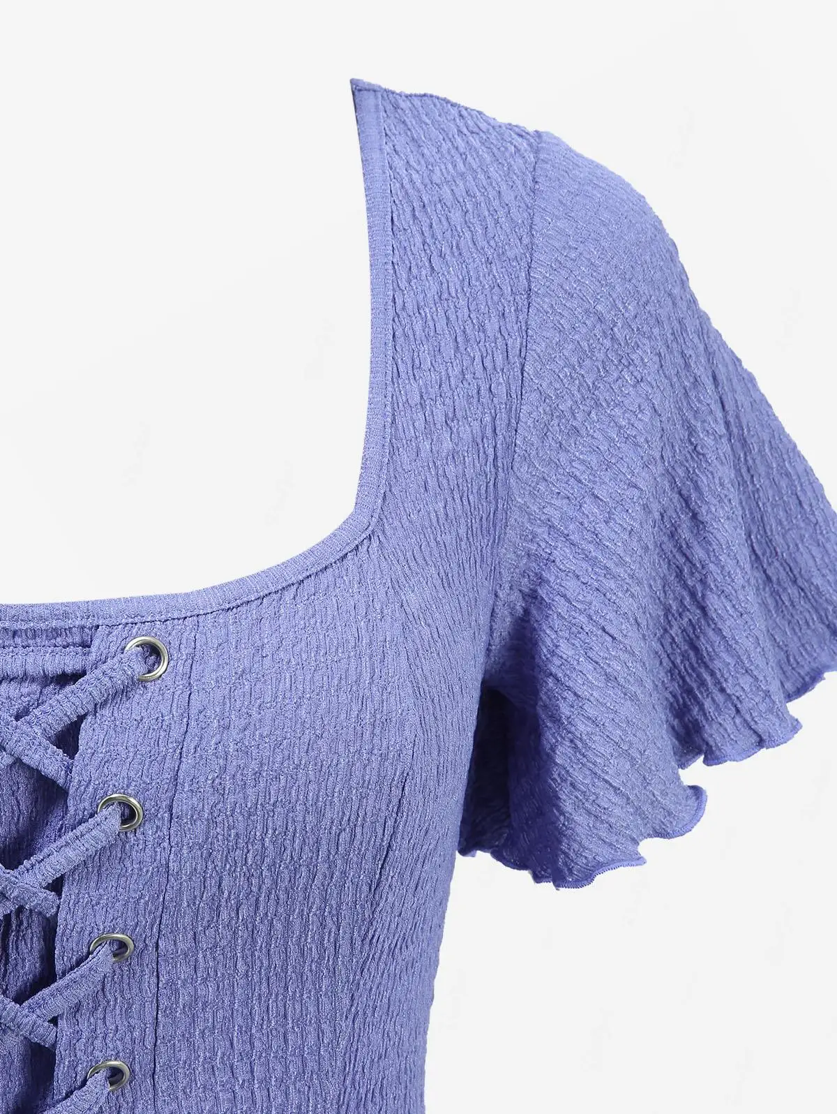 Purple Lace Up Grommets Ruffles Plisse Cinched High Low Dress Women Spring,Summer Casual Short Sleeves Dresses Vestidos