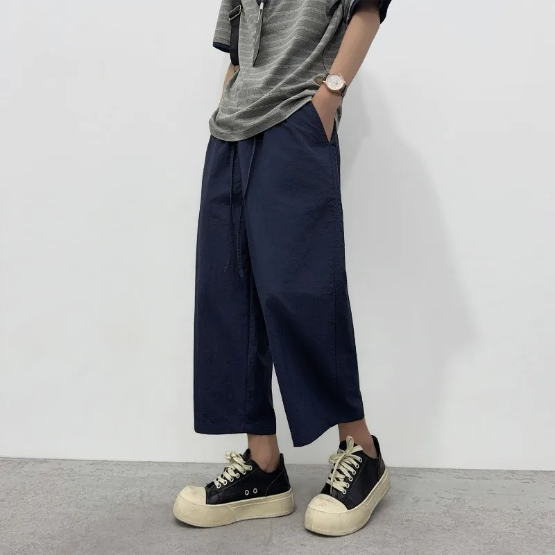 Summer New Men's Ice Silk Pants Korean Y2K All Match Elastic Sweatpants Lightweight Casual Fashion Straight Loose Solid Trousers
