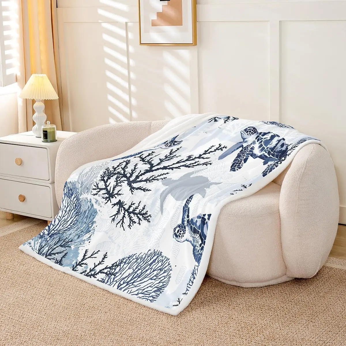 Sea turtle blanket ocean coral pattern marine life design soft throw beach decor coastal home textile nautical bedding