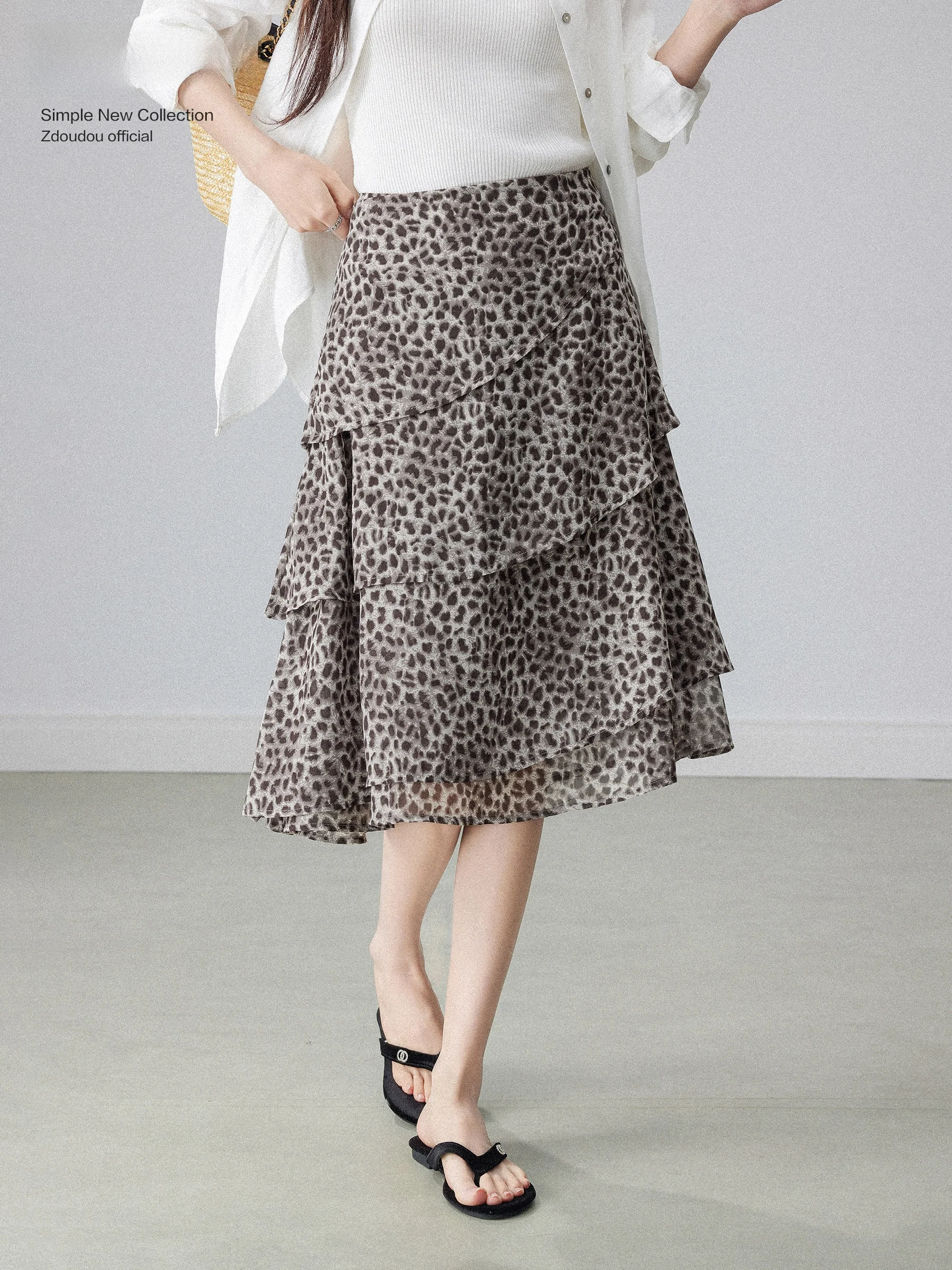 

High Waist A-Line Skirt Women's Spring Summer Vintage Leopard Print Half-length Skirts Gauze Lace Hem Chinoiserie Style