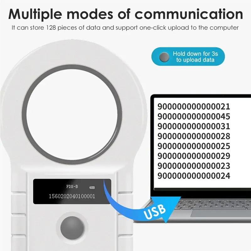 134.2Khz RFID Animal Chip Reader 15 Digits Pet ID Scanner EMID FDX-B Microchip Tag Registration For Cow Fish Dog Durable White-Y