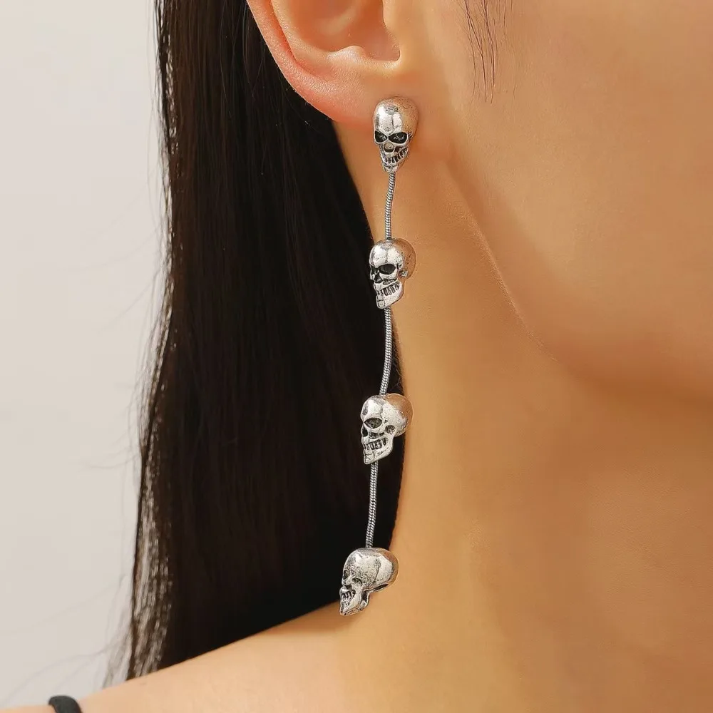 Punk Personality Sliver Color Stereo Skull Skeleton Long Tassel Dangle Earrings for Women Dark Gothic Halloween Jewelry Gifts