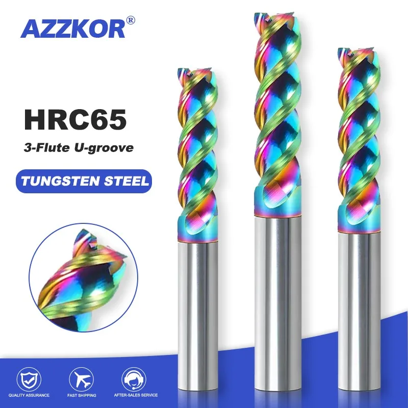 AZZKOR HRC65 3-Flute per alluminio U-groove fresa in acciaio al tungsteno Plati DLC rivestimento in metallo duro frese CNC utensili