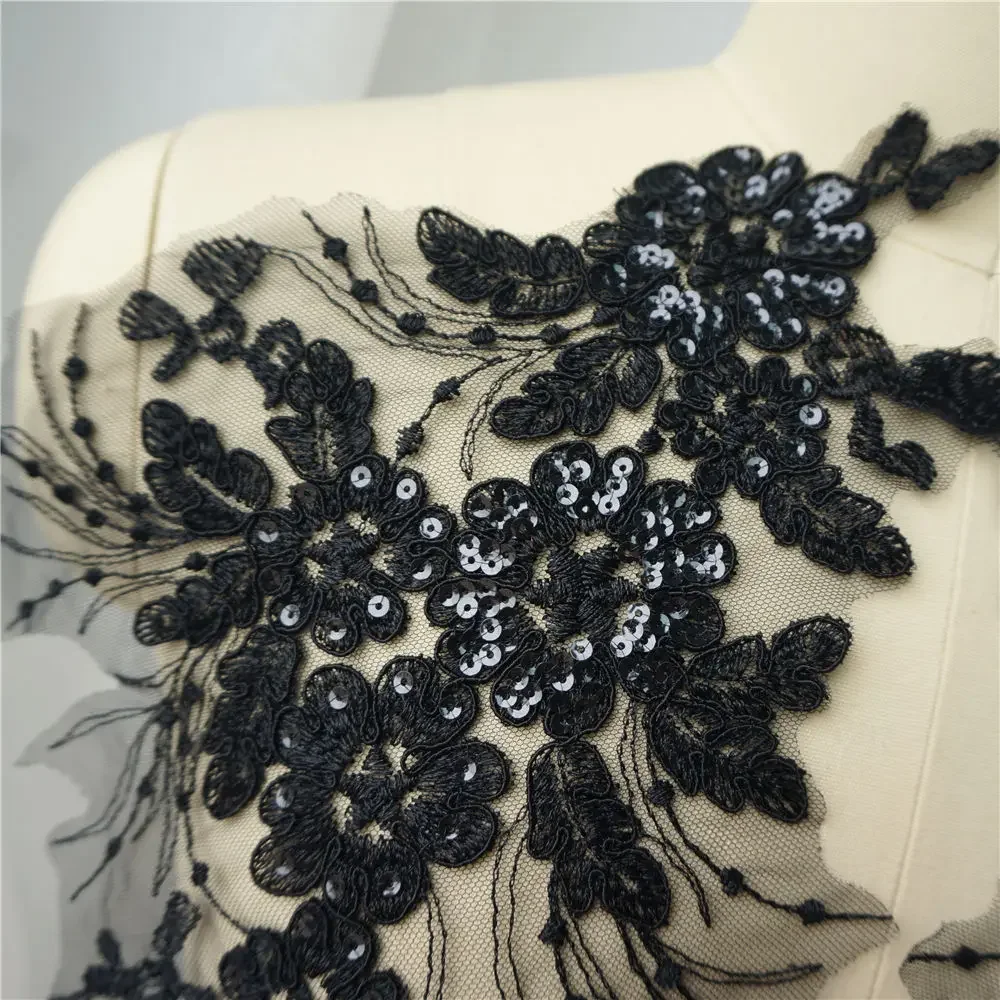 2PCS Black Sequin Flower Tassel Wedding Gown Appliques Lace Fabric Embroidered Trims Collar Mesh Sew Patch For Dress DIY Decor