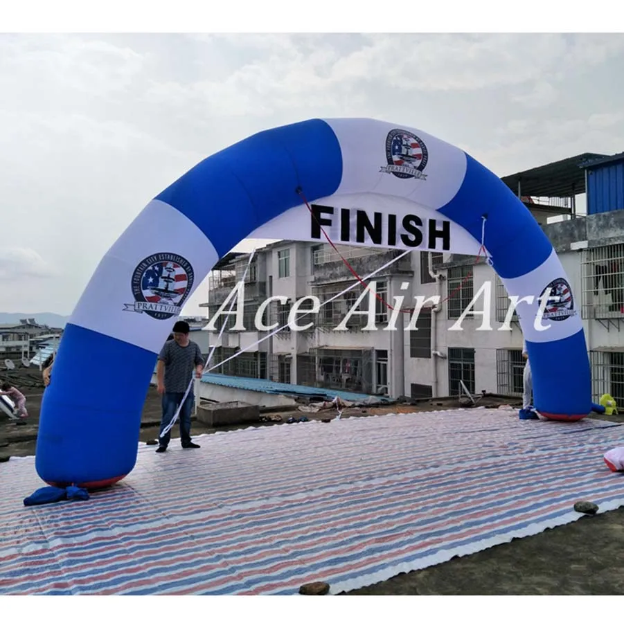 8m wide Round Blue and White Strip Inflatable Finish Line Arch with Removable Banner for Advertising