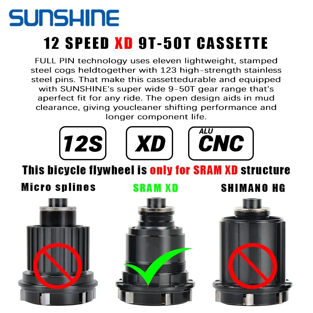 SUNSHINE XD Structure Bicycle Cassette 12Speed 9T-50T Black Mountain Bike Freewheel 12V for Sram XD Freehub for GX EAGLE XX1 X01