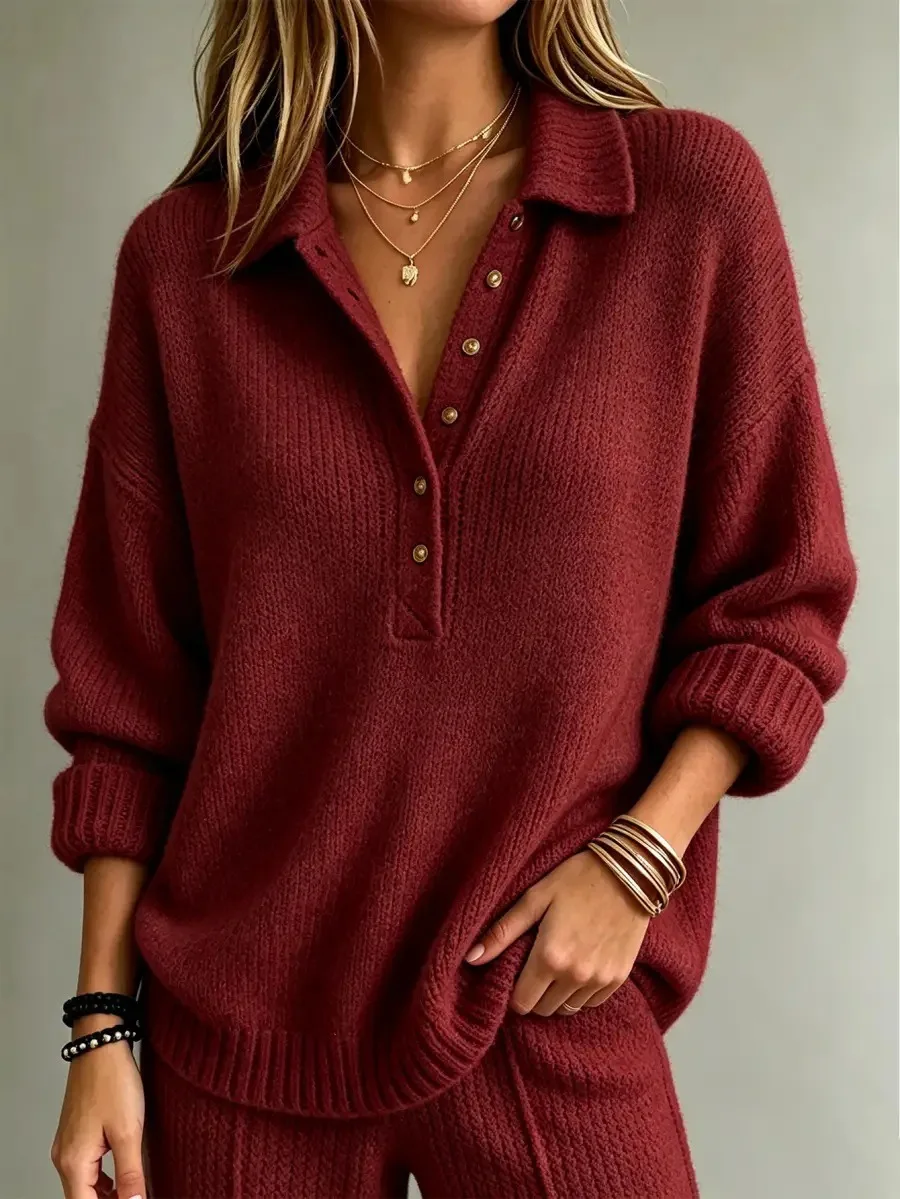 2026 Autumn And Winter New Loose And Lazy Style Soft And Sticky Soft Women's Lapel Polo Shirt Long Sleeved Button Sweater