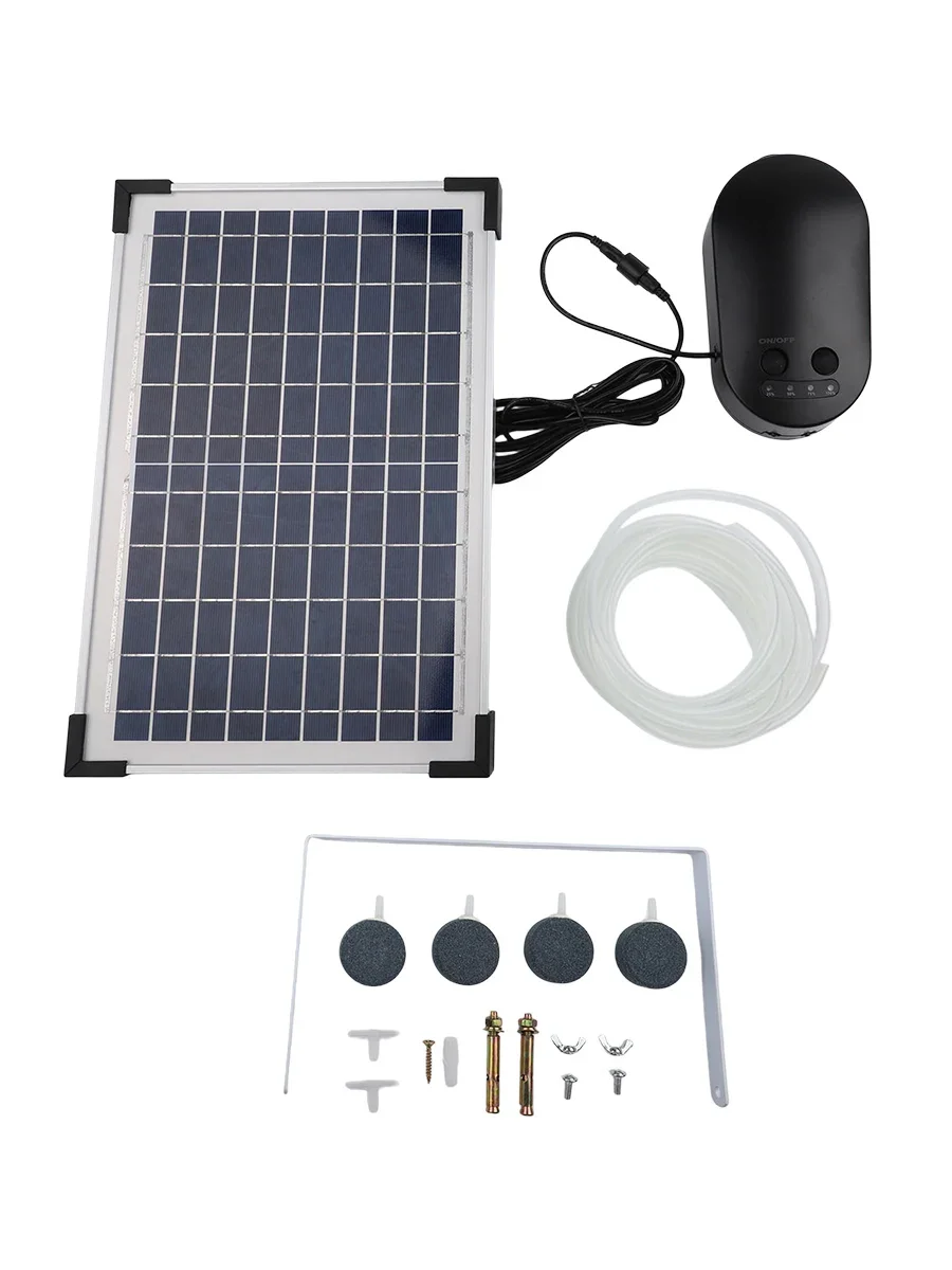 Solar Oxygen Pump 15W with Two Air Stones and Tube Adjustable Modes for Aquatic Environments Integrated Battery for Night Use