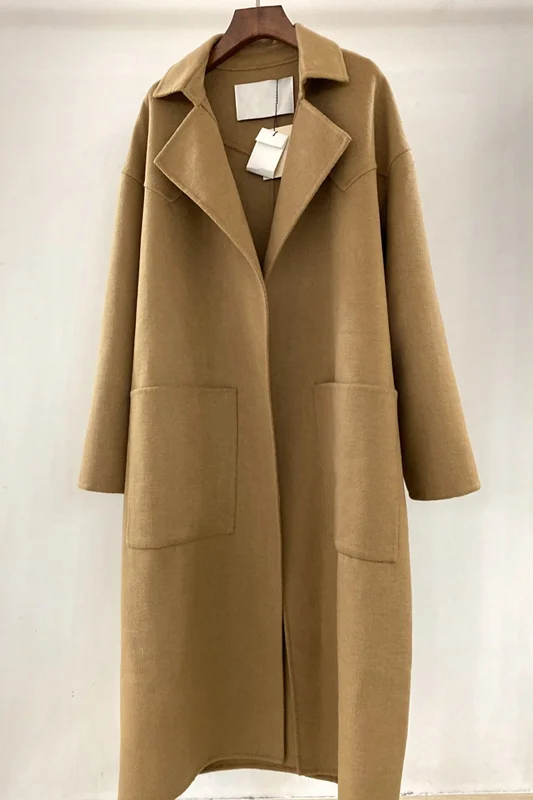 Maxdutti Modny Luźny Płaszcz Wysokiej Jakości 90% Wełna i 10% Jedwab Morwowy Vintage Karmelowy Dwustronny Wełniany Płaszcz Damski