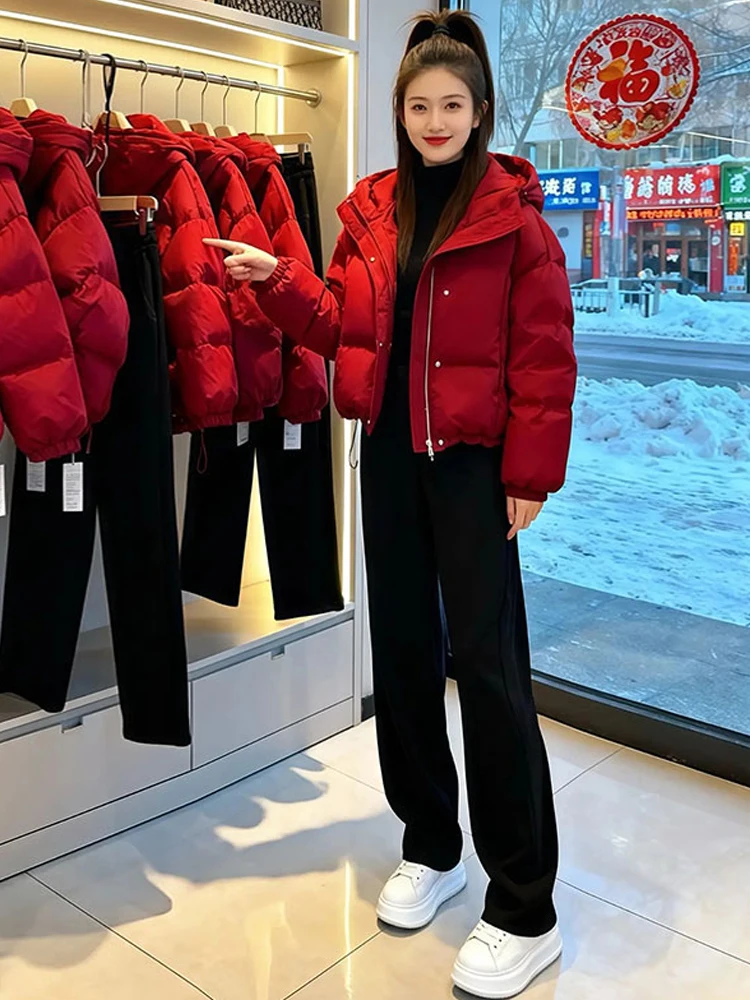 

Thiened Red Cotton Jaet for Women Winter 2025 New Year Korean Sle Commute ort Coat Warmth with kets Zipper Closure