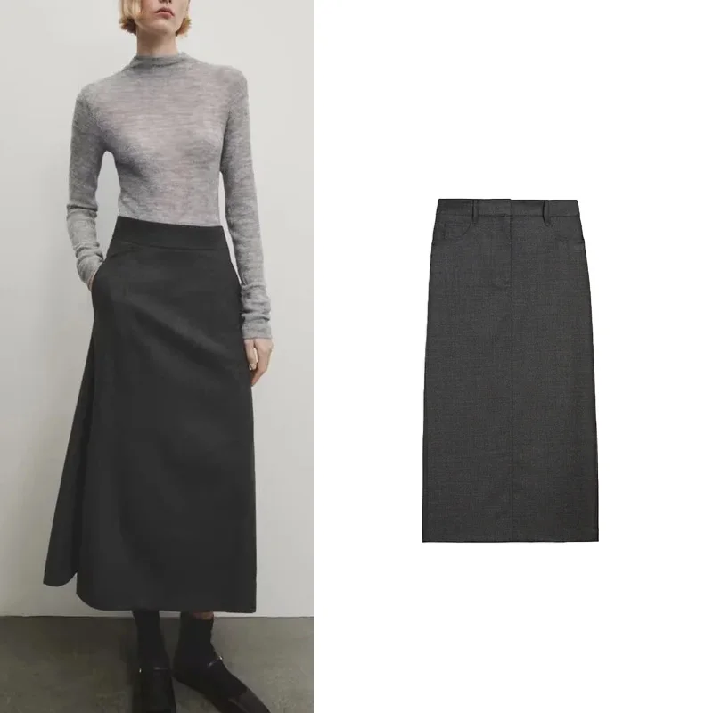 Elegant Commuter Grey Mixed Fiber Midi Skirt High Waist A-Line Skirt Pocket Detail Long Skirt Polyester Fiber 25-29 Years Old