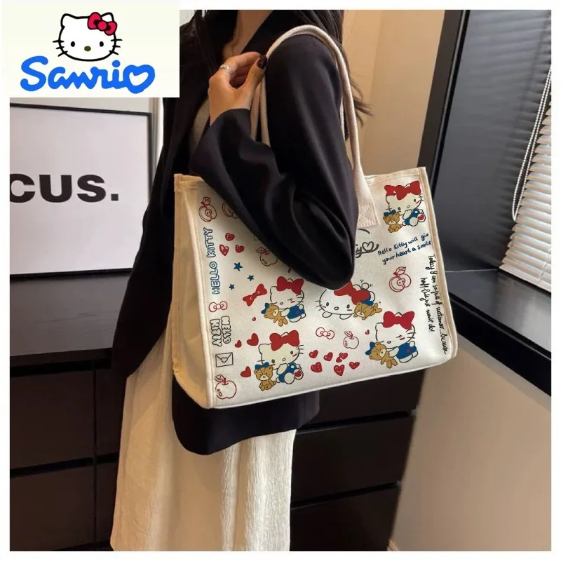

Sanrio модная холщовая сумка высокого качества, женская милая мультяшная сумка Hello Kitty большой вместимости, повседневная универсальная ручная сумка-тоут