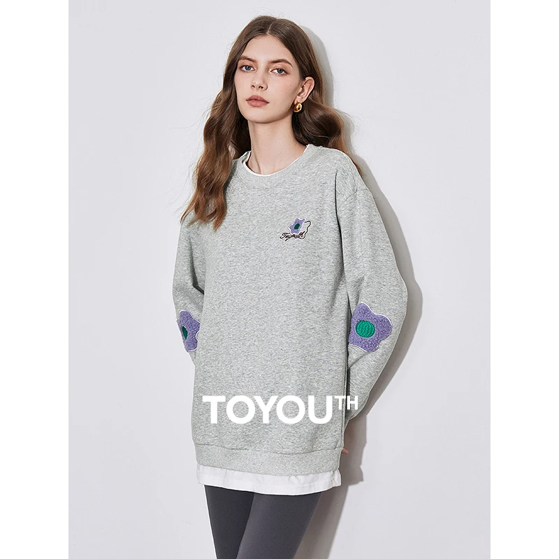 Toyouth Women Fake Two Piece Sweatshirt 2024 Autumn Long Sleeve O Neck Loose Hoodie 3D Flower Embroidery Casual Grey Navy Tops