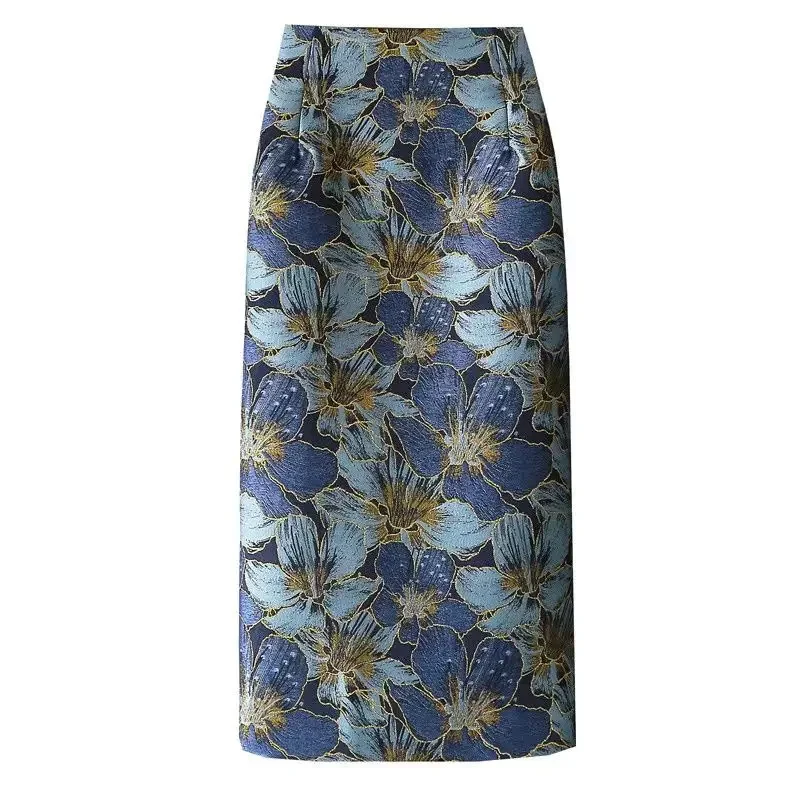 

New Spring Style Retro Gold Silk Blue Flower Skirt Fashionable Jacquard Back Slit Hip Skirt Women's Versatile Midi Skirt
