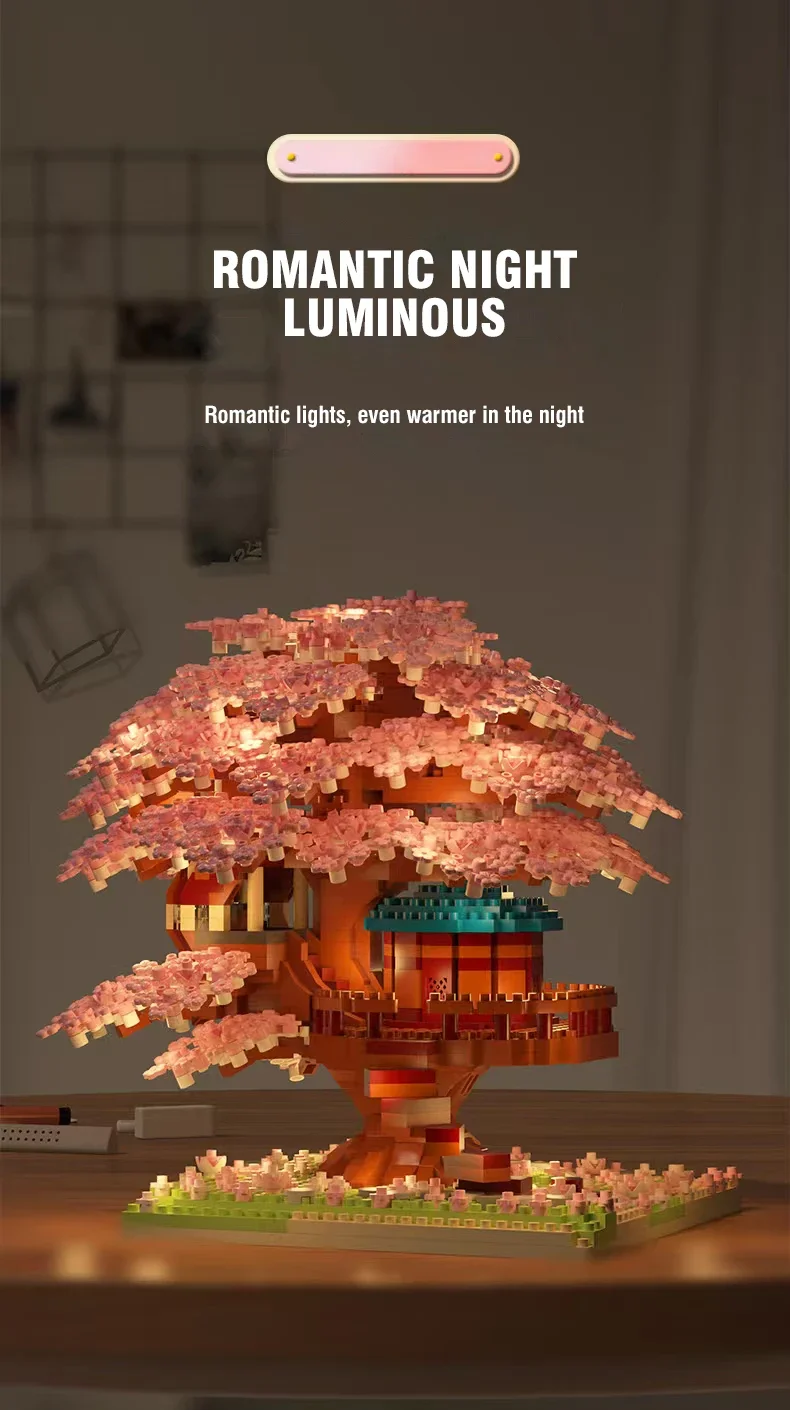 DIY Romantic Peach Flower Tree House Microparticle Building Blocks Simulated Building Assembly Model Toys For Kids Gifts