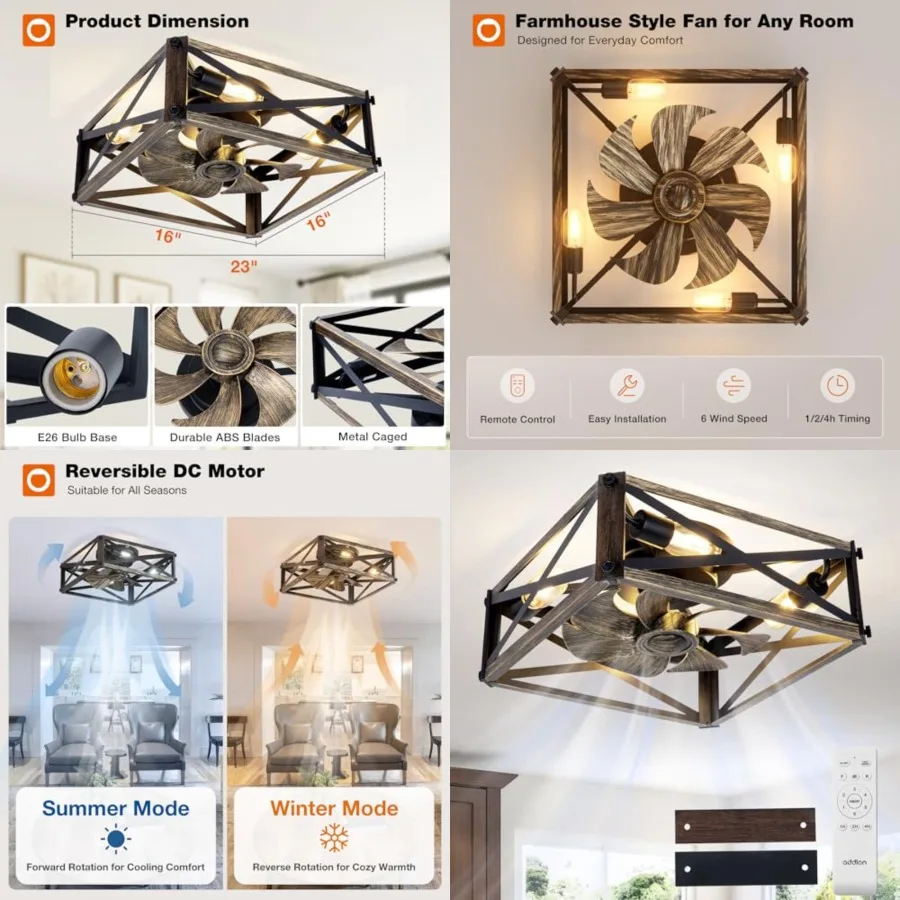 

Caged Low Profile Ceiling Fans with Lights and Remote, Small Farmhouse Flush Mount Fandelier, 6 Speeds Reversible Ceiling Fan w