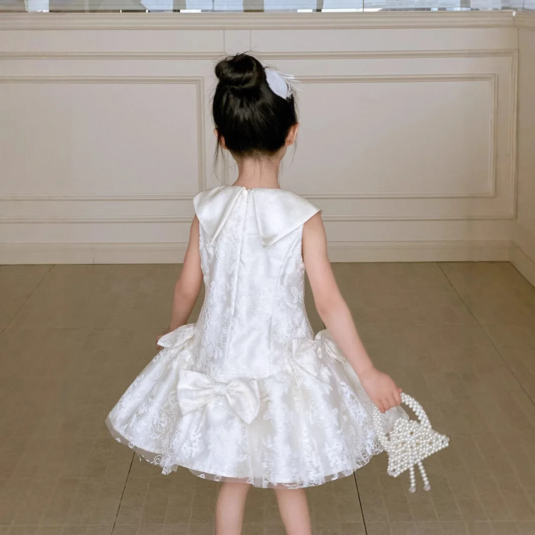 25 New Girls Lace Vest Princess Dress Light Luxury Girls Birthday Dress Big Bow and Lotus Leaf Hem Dress