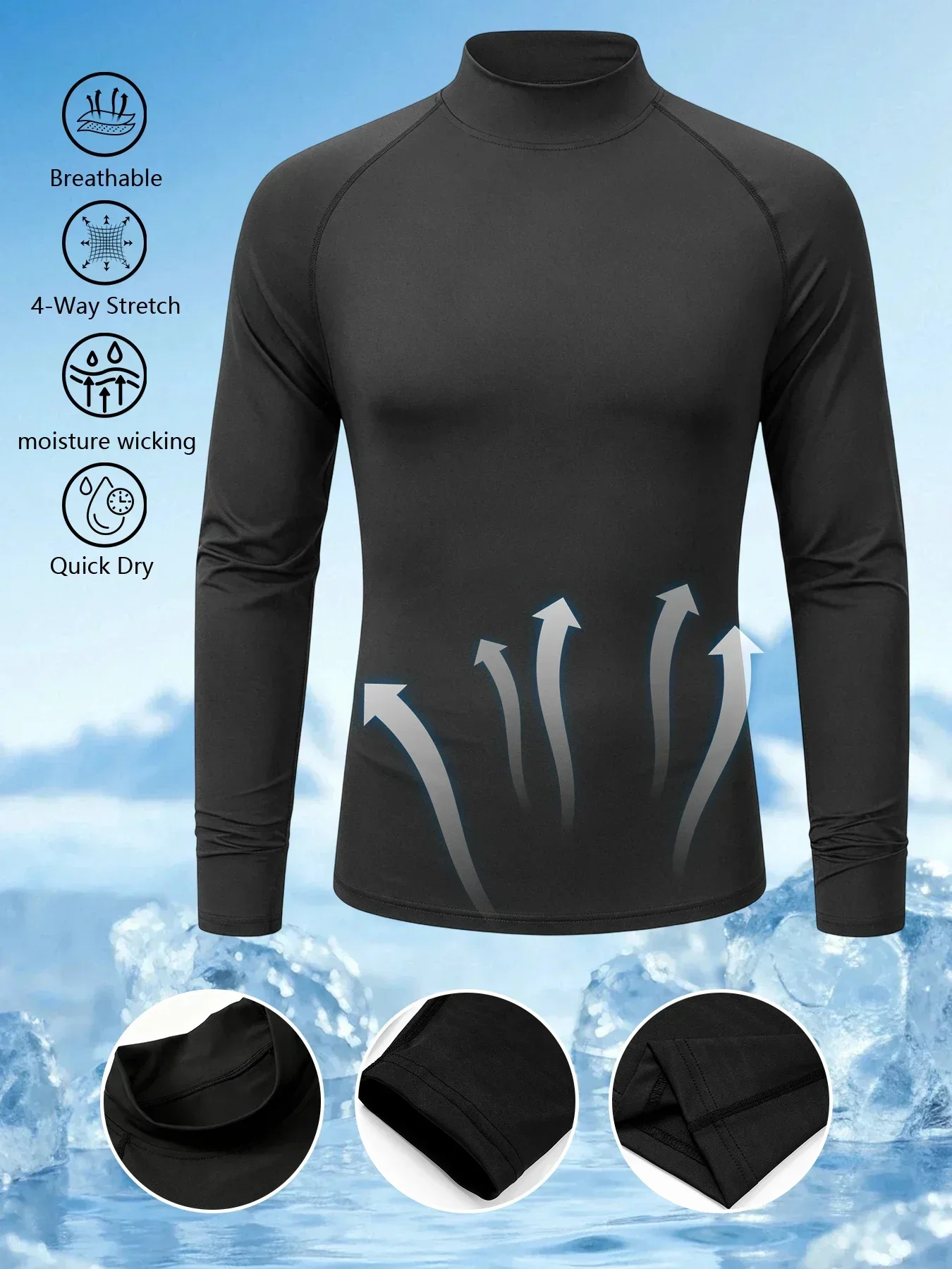 Herren Raglan Mock Neck Kompressions-Langarmshirts 4-Wege-Stretch Schnelltrocknend Gym Fahrrad Klettern Sport Baselayer Unterhemden – Detail 2