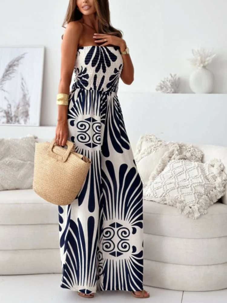 Vintage Jumpsuit Autumn New Sexy One Shoulder Folds Bodycon Top Waist Wide Leg Pants Jumpsuit Women Boho Beach Fashion Clothing