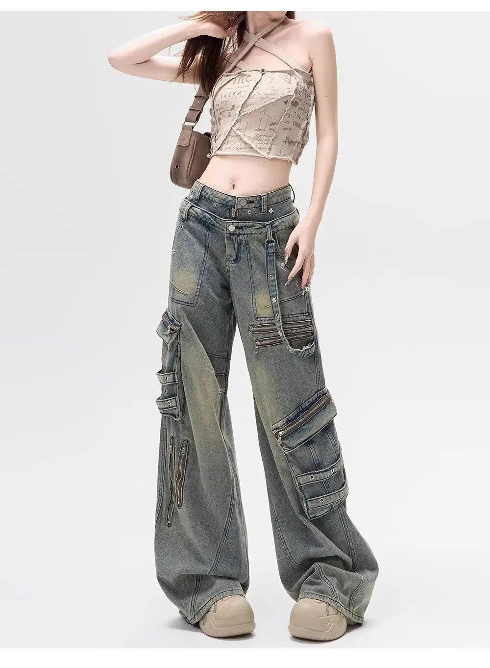 American style large pocket irregular ribbon wide leg jeans women's high street washed new men's loose street clothes floor pant