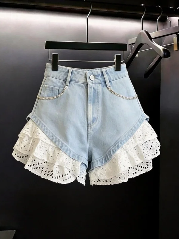 High Waist Lace Splice Washed Denim Shorts Women's Light Color Slimming Short Length Hot Pants Korean Style Commute Casual Su...