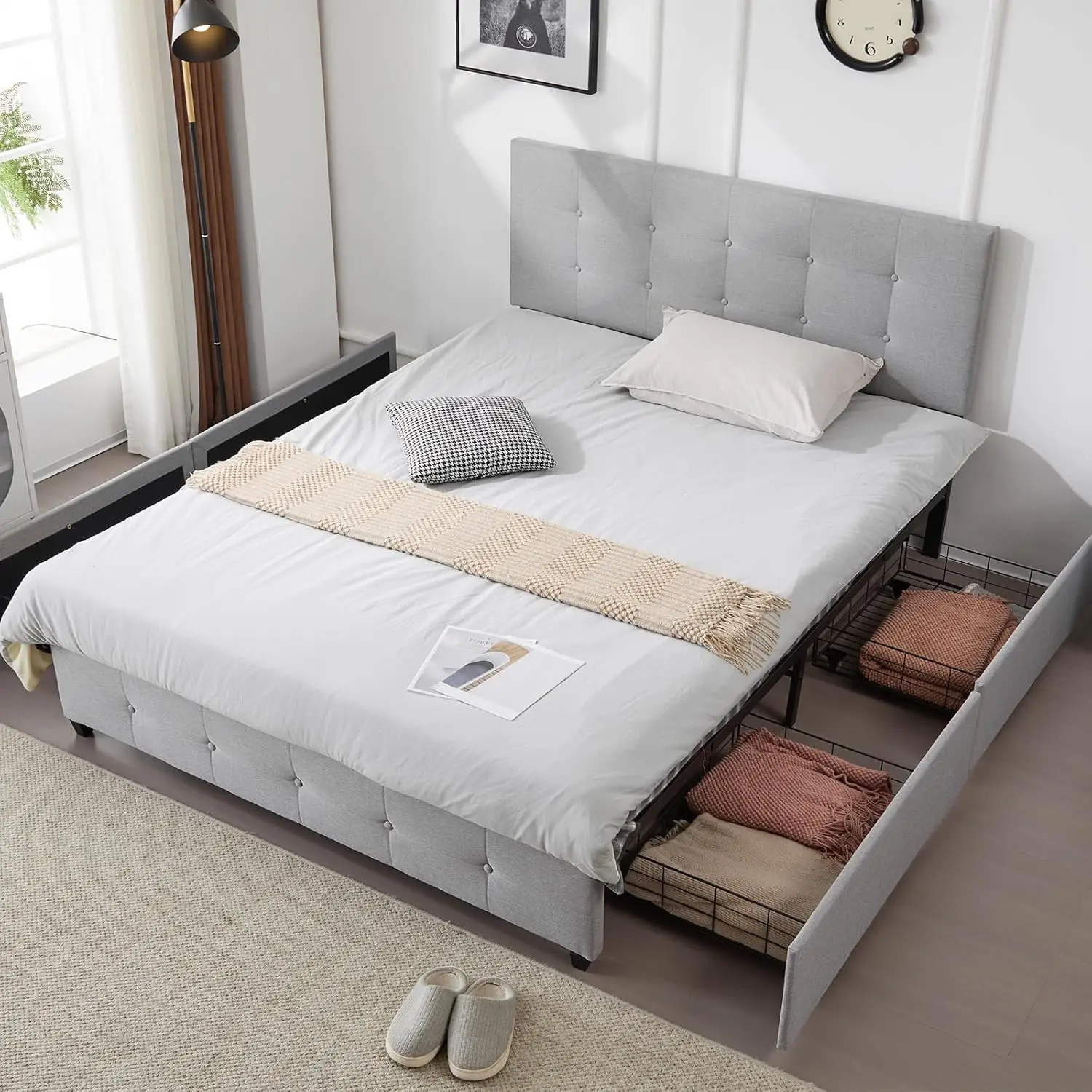 

Upholstered Full Bed Frame With 4 Storage Drawers,Adjustable Linen Headboard With Button Tufted Design, Platform Bed With