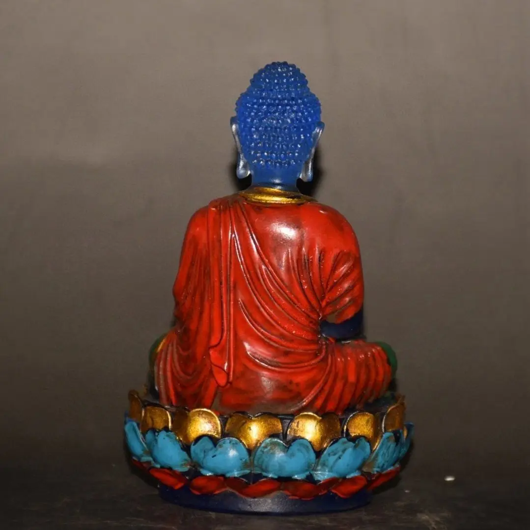 Early Vintage Collectible Liuli Tathagata Buddha Statue with Hand Painted Color & Blue Cloisonne Enamel Lotus Base